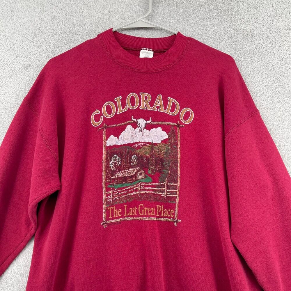 Vtg Colorado Sweatshirt Adult L Red The Last Great Place Log Cabin Western 90s